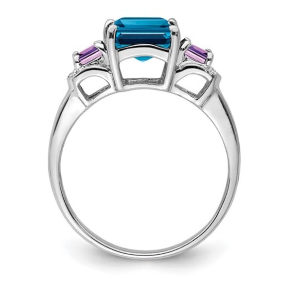925 Sterling Silver Rhodium London Blue Topaz, Amethyst, Diamond Gemstone Ring - Picture 7 of 8